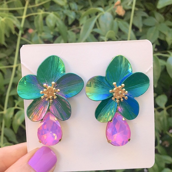 Iridescent Emerald Green, Gold + Pink Opal AB Flower Drop Statement Earrings - Picture 6 of 6